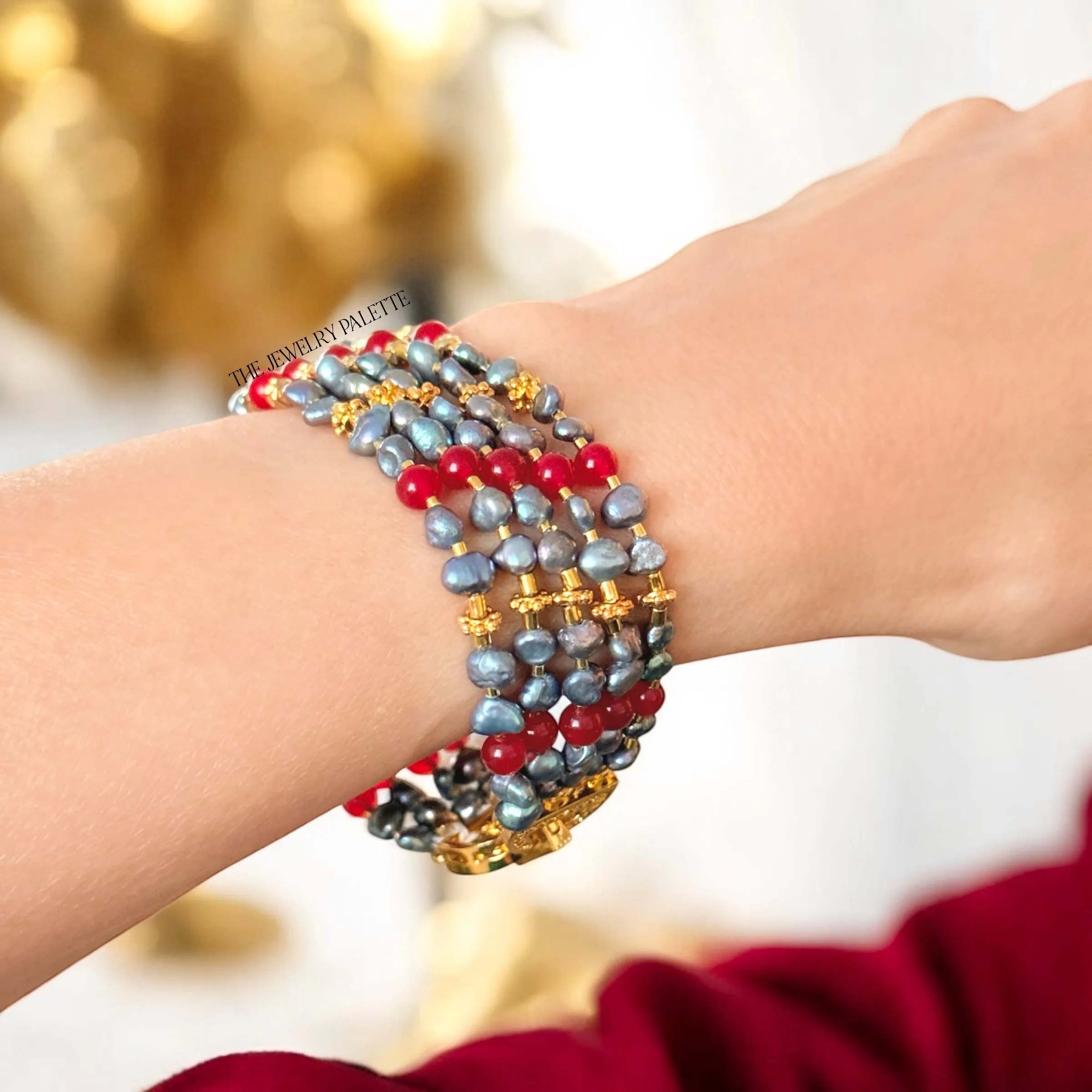 Ava grey pearl and coral multitier bracelet