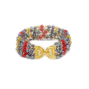 Ava grey pearl and coral multitier bracelet