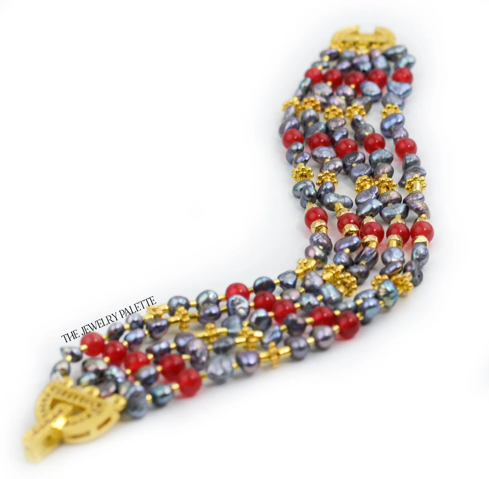 Ava grey pearl and coral multitier bracelet