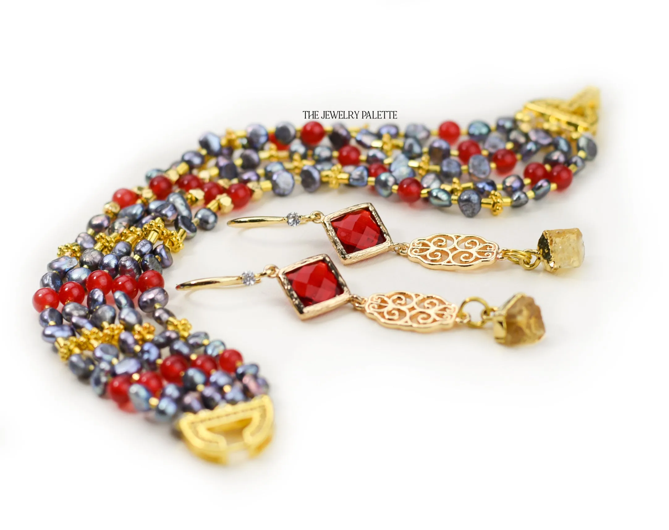 Ava grey pearl and coral multitier bracelet
