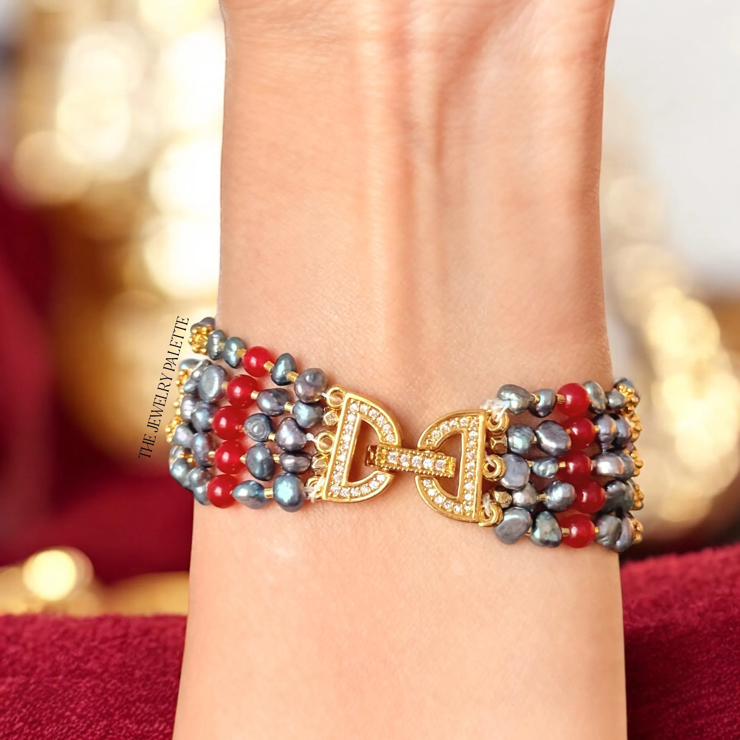 Ava grey pearl and coral multitier bracelet