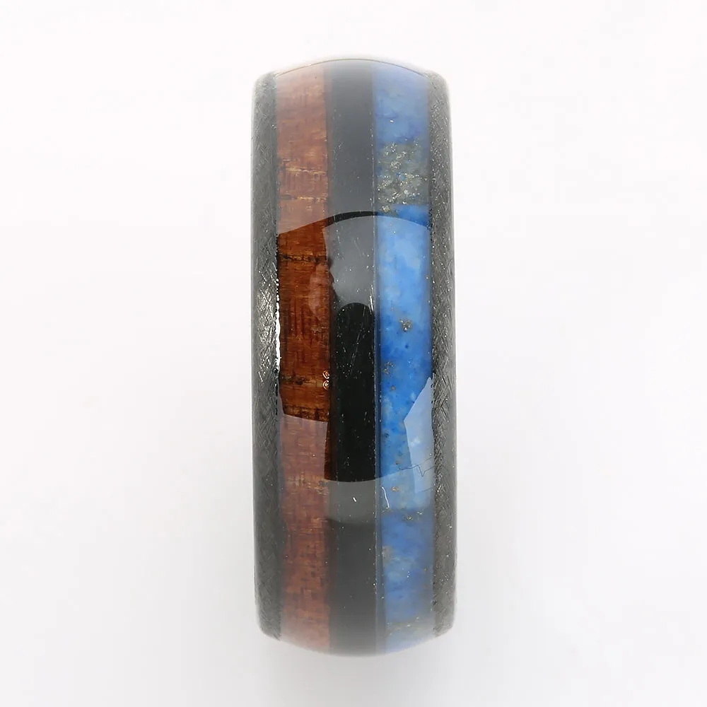 Black Tungsten Hawaiian Koa Wood and Lapis Lazuli Inlaid Double Row Oval Wedding Ring 8mm