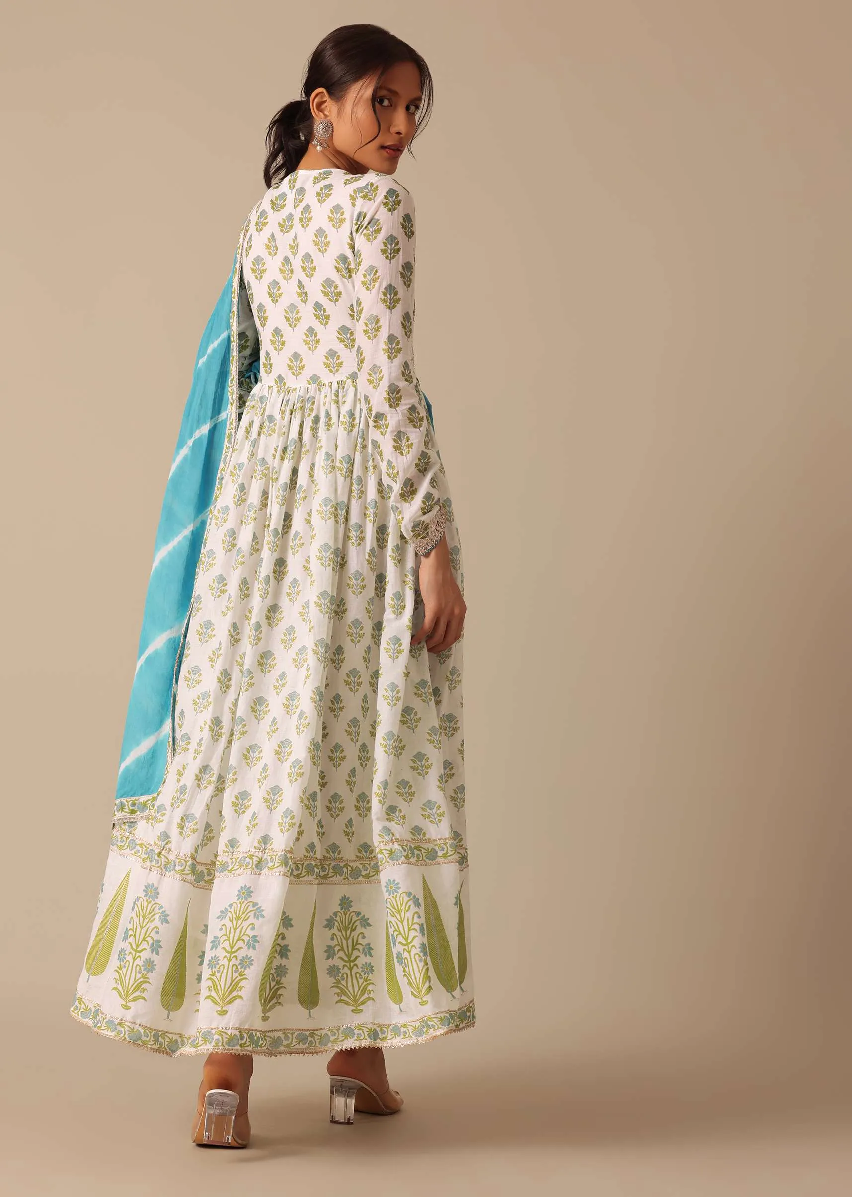 Blue Floral Print Angrakha Suit with Leheriya Dupatta