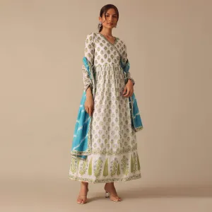 Blue Floral Print Angrakha Suit with Leheriya Dupatta