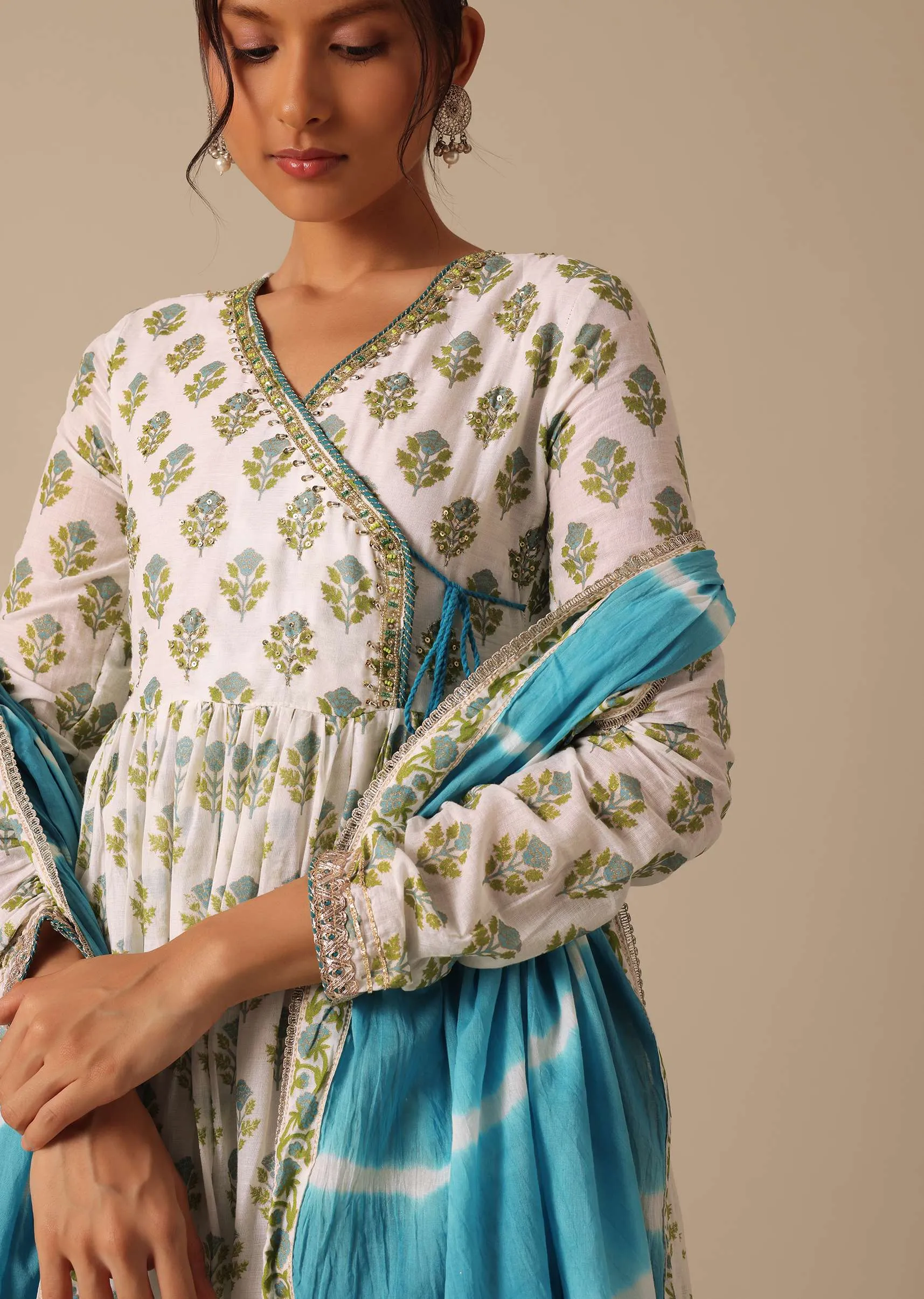 Blue Floral Print Angrakha Suit with Leheriya Dupatta