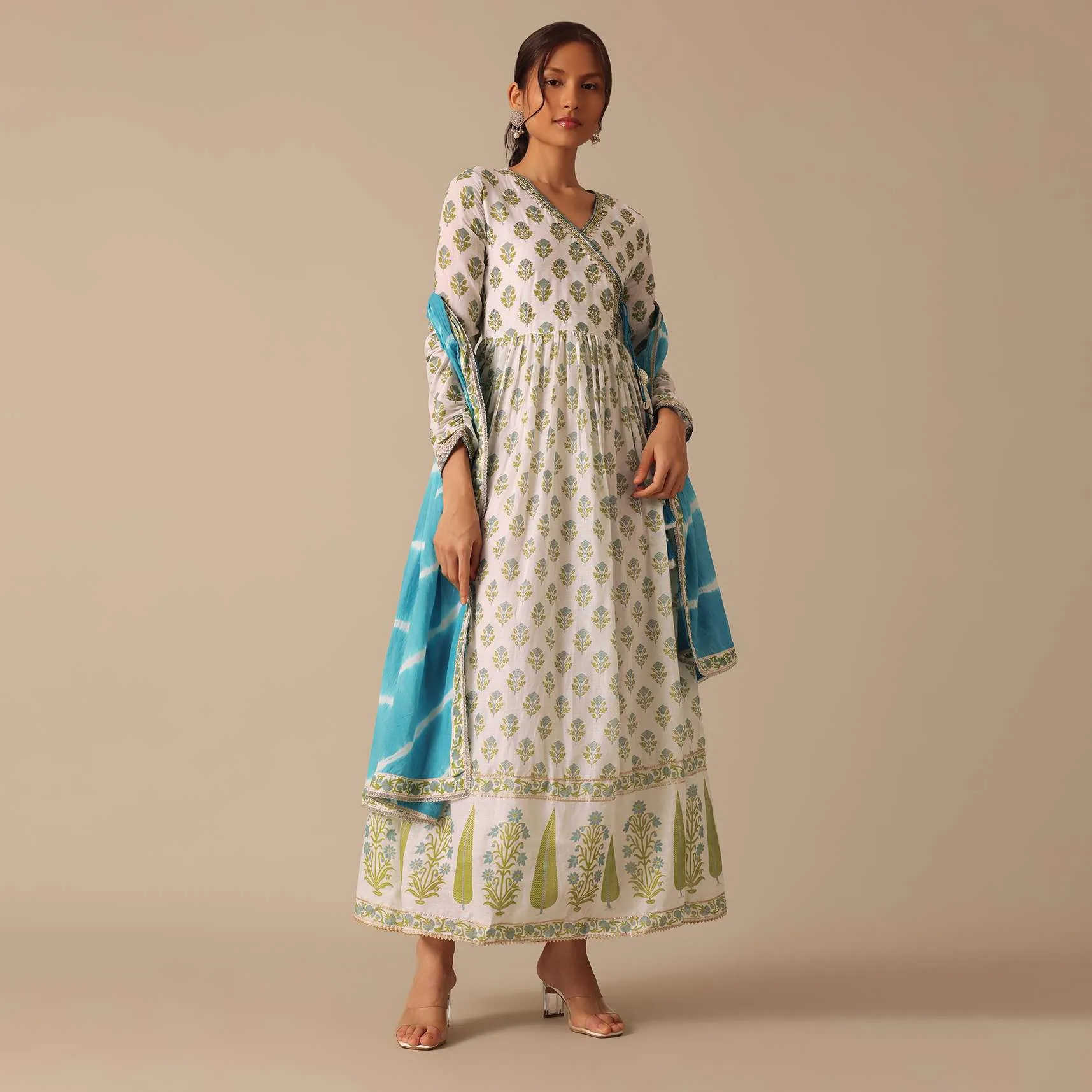 Blue Floral Print Angrakha Suit with Leheriya Dupatta