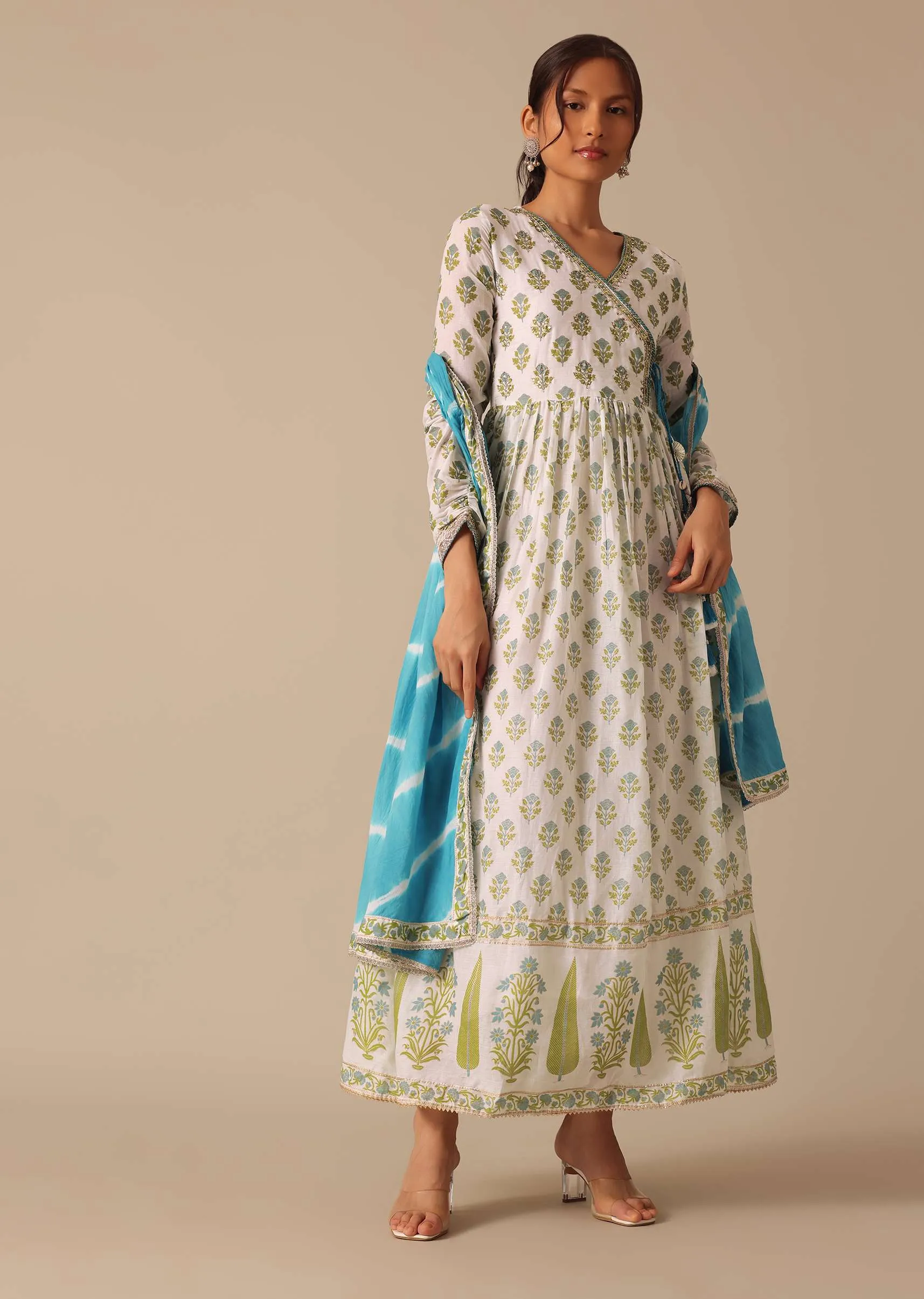 Blue Floral Print Angrakha Suit with Leheriya Dupatta