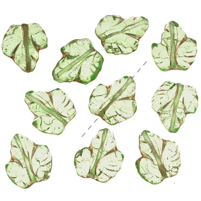 Czech Glass Beads 13 x 15mm Leaf Peridot Green With Gold  (10 pcs)