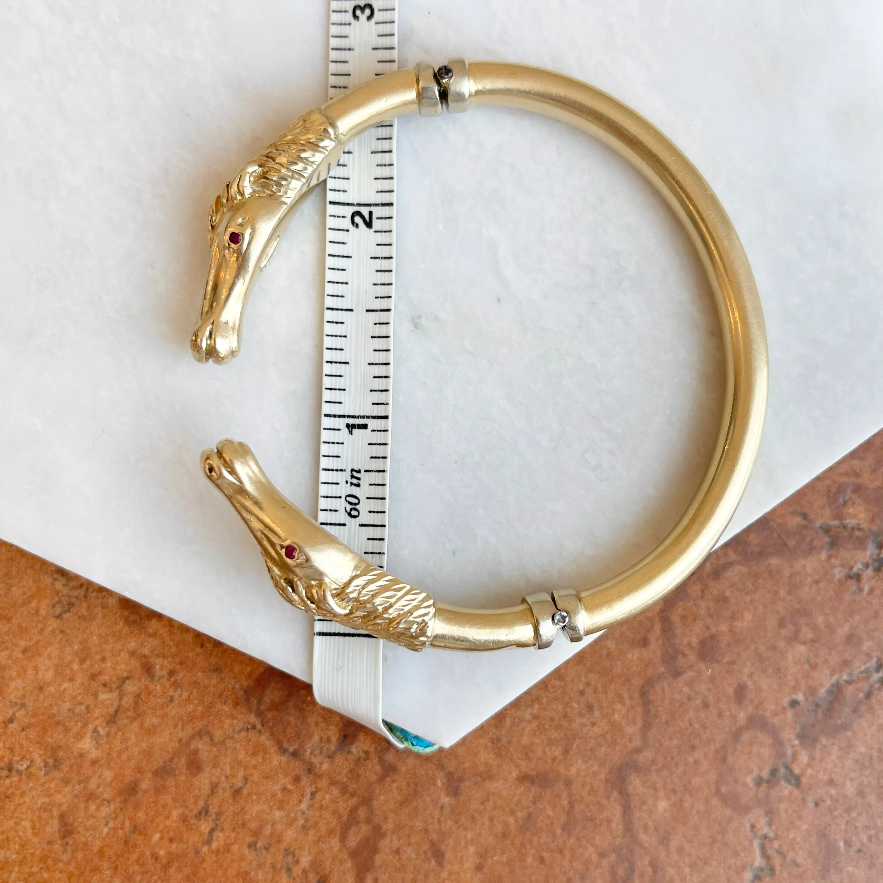 Estate 14KT Yellow Gold Double Horse Head Ruby Eyes Bangle Cuff Bracelet
