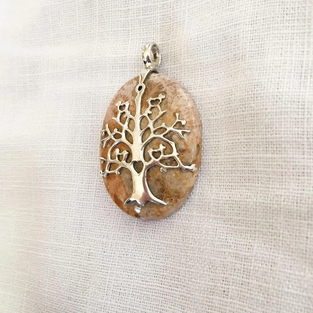 Fossil Coral Tree of Life Silver Pendant
