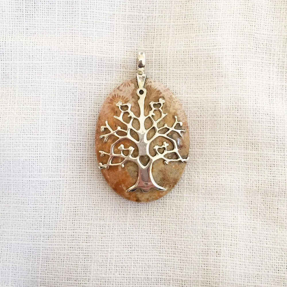Fossil Coral Tree of Life Silver Pendant