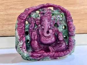 Hand-Carved Natural Ruby Zoisite Ganesh Statue