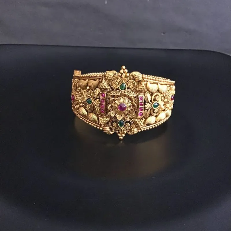 Ruby Green Antique Gold Finish Wide Bracelet