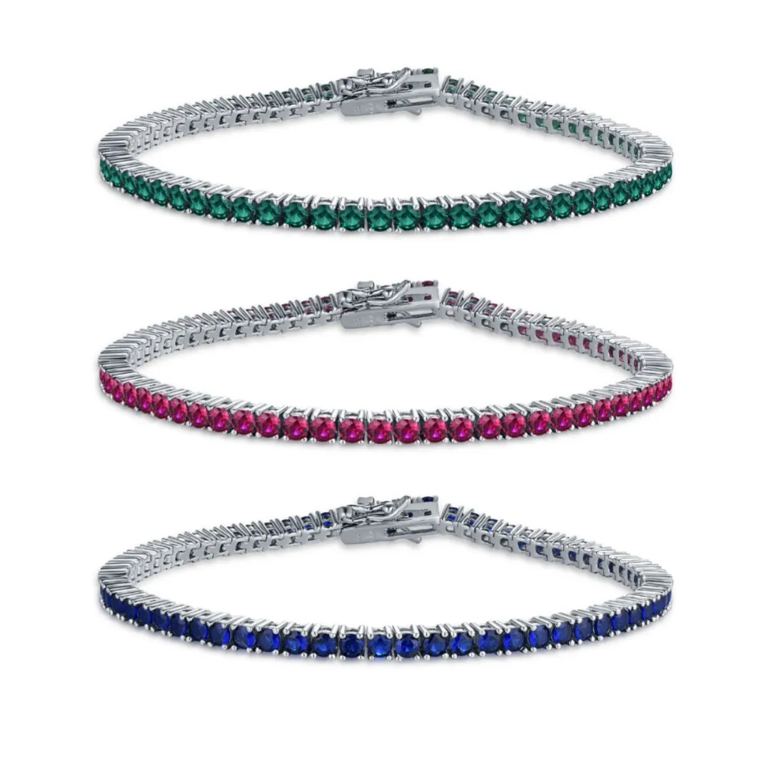 Sterling Silver Ruby, Emerald, Sapphire, Violet, or Black Colored CZ Tennis Bracelets