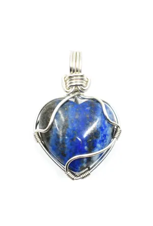 Sterling Silver Wire Wrapped Lapis Lazuli Heart Necklace, Heart Pendant