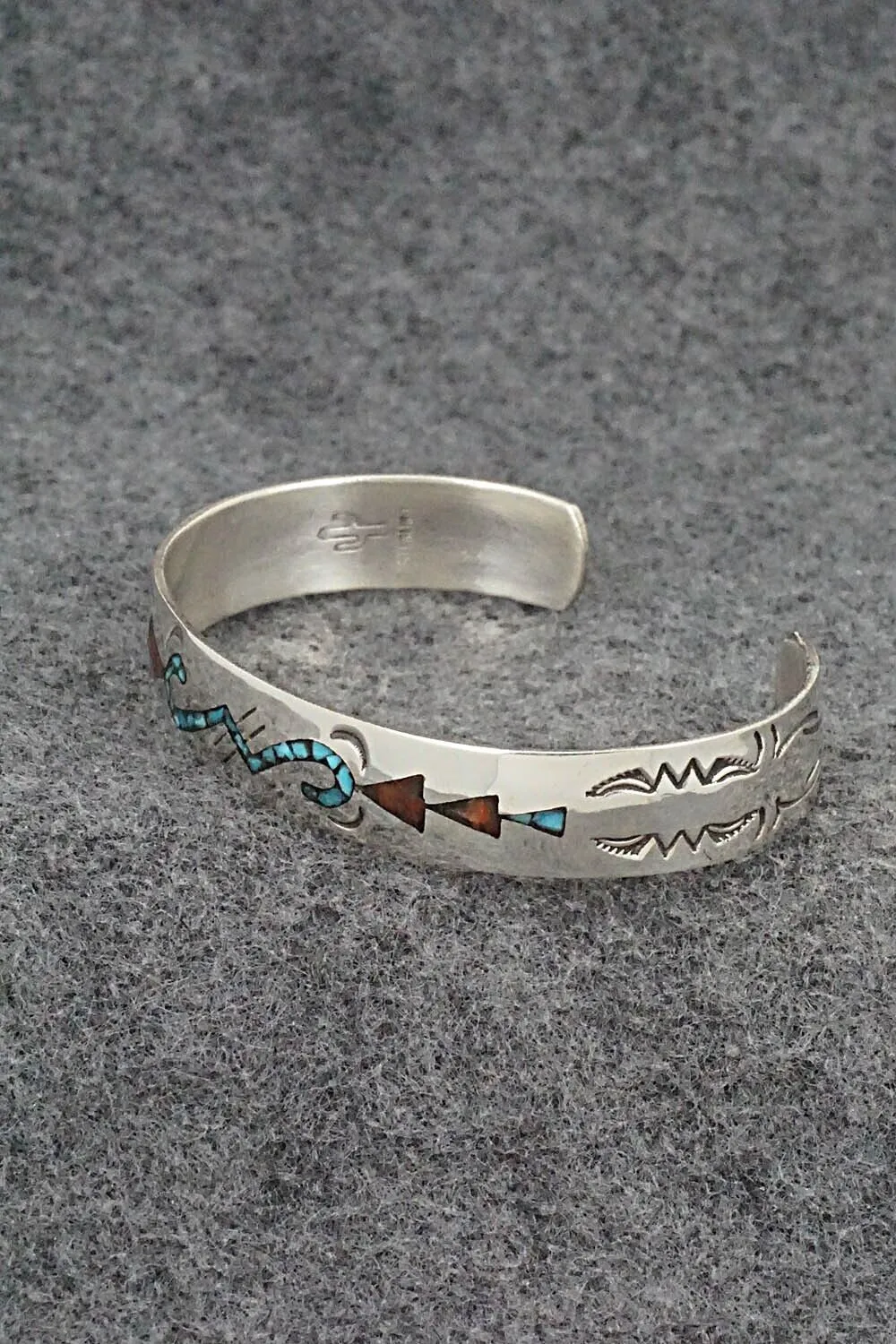 Turquoise, Coral Chip Inlay & Sterling Silver Bracelet - Joleen Yazzie