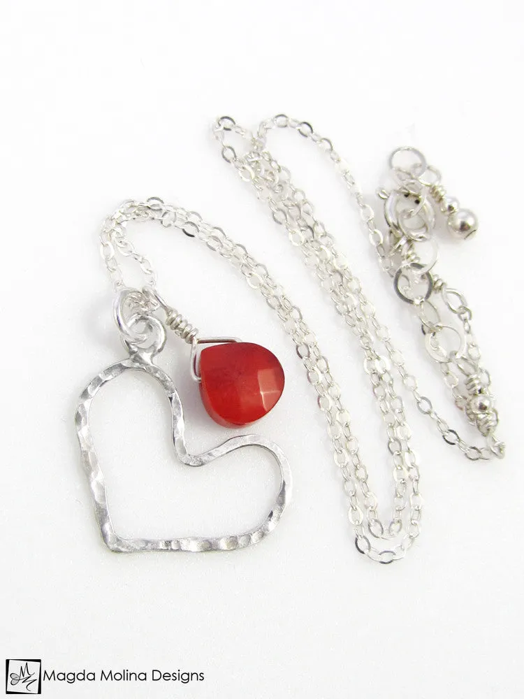 WHOLESALE - Mini Goddess (children) Red Coral And Delicate Hammered Silver Heart Necklace