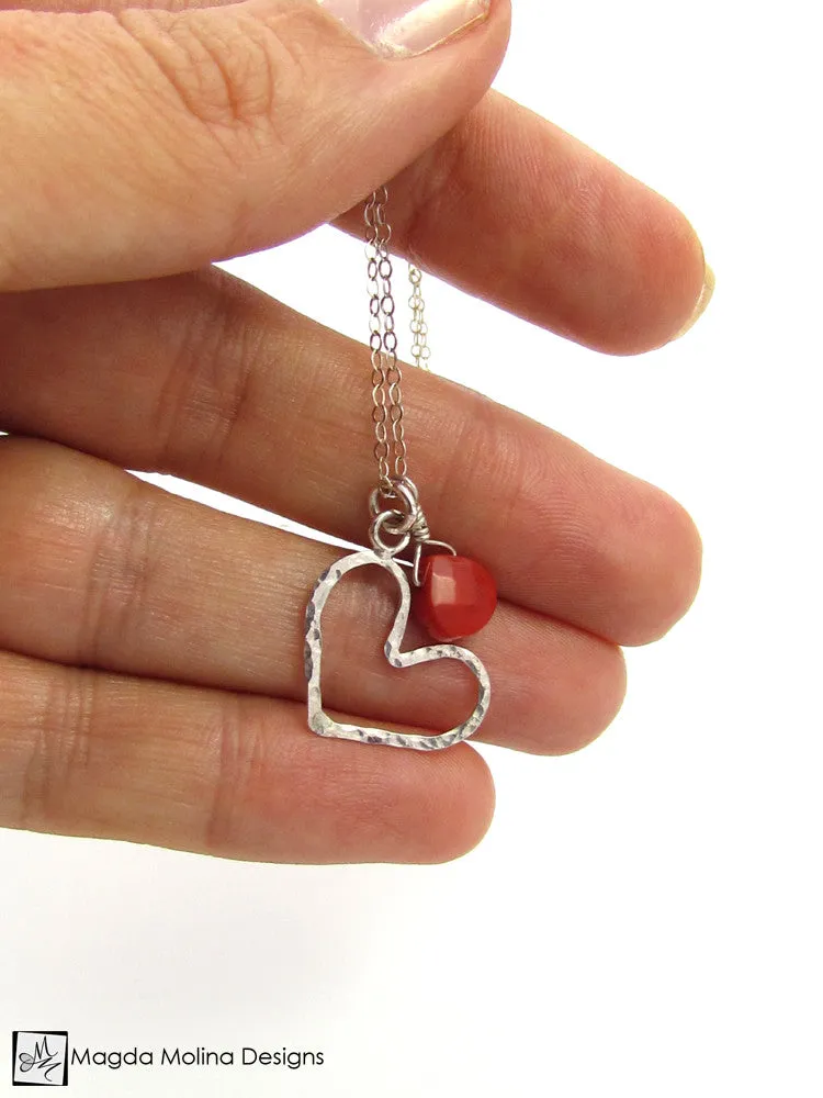 WHOLESALE - Mini Goddess (children) Red Coral And Delicate Hammered Silver Heart Necklace