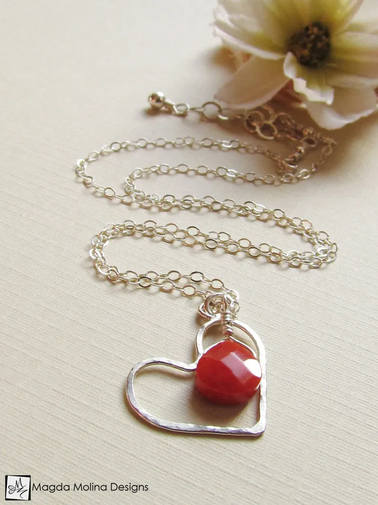 WHOLESALE - Mini Goddess (children) Red Coral And Delicate Hammered Silver Heart Necklace